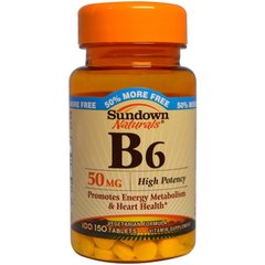 Вітамін В6, Vitamin B6, Sundown Naturals, 50 мг, 150 таблеток - фото