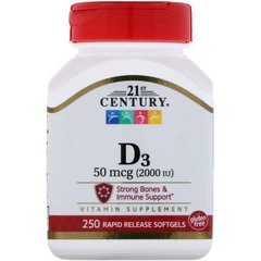 Витамин Д3, 21st Century, 2000 МЕ, 250 капсул - фото