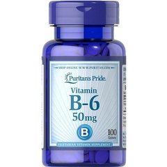 Витамин В6, Пиридоксин, Vitamin B-6 (Pyridoxine Hydrochloride), Puritan's Pride, 50 мг, 100 таблеток - фото