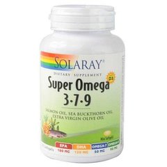 Омега 3-7-9 з вітаміном D-3, Super Omega 3-7-9, Solaray, 120 гелевих капсул - фото