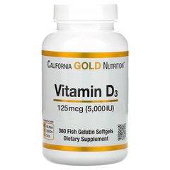 Вітамін Д3, Vitamin D3, California Gold Nutrition, 5,000 МО, 360 желатинових капсул - фото