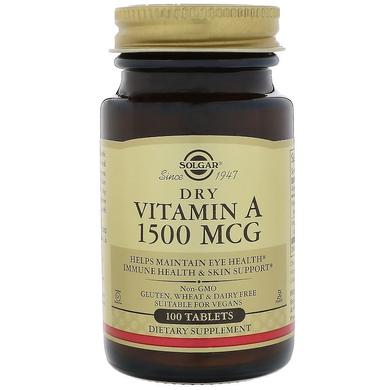 Вітамін А, Dry Vitamin A, Solgar, 1500 мкг, 100 таблеток - фото