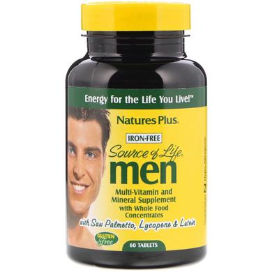 Витамины для мужчин, Multi-Vitamin and Mineral, Nature's Plus, Source of Life Men, без железа, 60 таблеток - фото