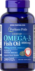 Омега-3 рыбий жир с покрытием, Omega-3 Fish Oil Coated Active Omega-3, Puritan's Pride, 1000 мг, 200 капсул - фото