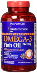 Омега-3 рыбий жир, Omega-3 Fish Oil, Puritan's Pride, 1360 мг (950 мг активного омега-3), 240 капсул - фото
