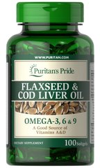 Комплекс Омега 3, 6, 9, Flaxseed & Cod Liver Oil, Omega 3, 6 & 9, Puritan's Pride, 1000 мг, 100 гелевых капсул - фото