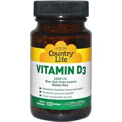Вітамін D3, Vitamin D3, Country Life, 1000 МО, 100 капсул - фото