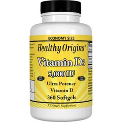Витамин Д3, Vitamin D3, Healthy Origins, 5000 МЕ, 360 капсул - фото