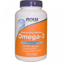Омега 3, підтримка серця, Omega-3, Now Foods, 180 EPA/120 DHA, 200 капсул - фото