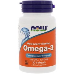 Омега-3 рыбий жир, Omega-3, Now Foods, молекулярно дистиллированный, 30 капсул - фото