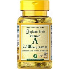 Витамин А, Vitamin A, Puritan's Pride, 8000 МЕ (2400 мкг), 100 гелевых капсул - фото