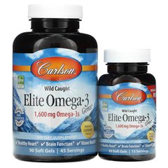 Омега-3, Elite Omega-3, Carlson Labs, вкус лимона, 1600 мг, 90+30 капсул - фото