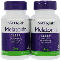 Мелатонин, Melatonin, Natrol, 3 мг, 2 флакона по 60 таблеток - фото