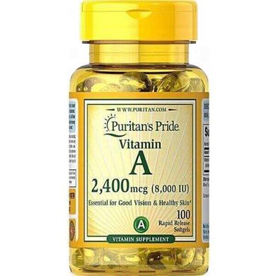 Вітамін А, Vitamin A, Puritan's Pride, 8000 МО (2400 мкг), 100 гелевих капсул - фото