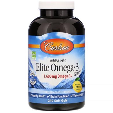 Омега-3, Elite Omega-3, Carlson Labs, смак лимона, 1600 мг, 240 капсул - фото