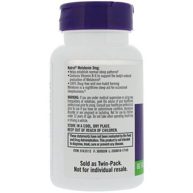 Мелатонін, Melatonin, Natrol, 3 мг, 2 флакони по 60 таблеток - фото