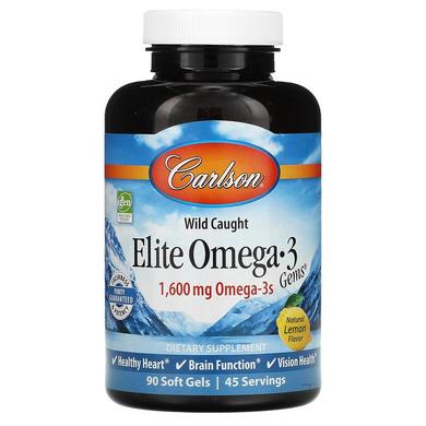 Омега-3, Elite Omega-3, Carlson Labs, вкус лимона, 1600 мг, 90+30 капсул - фото