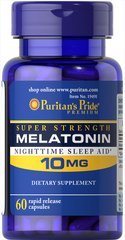 Мелатонин, Melatonin, Puritan's Pride, 10 мг, 60 капсул - фото