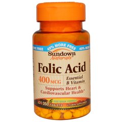 Фолиевая кислота, Folic Acid, Sundown Naturals, 400 мкг, 350 таблеток - фото