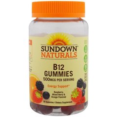 Витамин B12, вкус ягод и апельсина, Sundown Naturals, 500 мкг, 50 жевательных конфет - фото