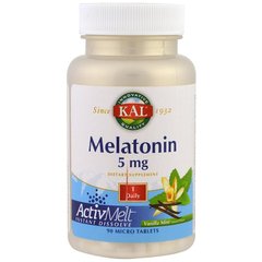 Мелатонин со вкусом ванильной мяты, Melatonin, Kal, 5 мг, 90 таблеток - фото