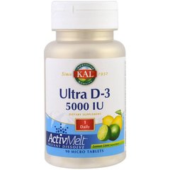 Витамин Д3, со вкусом лайма, Ultra Vitamin D-3, Kal, лимон-лайм, 5000 МЕ, 90 таблеток - фото