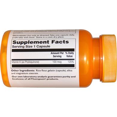 Витамин К, Vitamin K, Thompson, 100 мкг, 30 капсул - фото