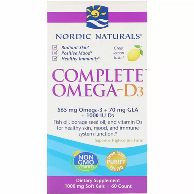 Омега 3 6 9 + Д3, Complete Omega-D3, Nordic Naturals, 1000 мг, 60 капсул - фото