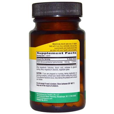 Вітамін В6 (піридоксин), Vitamin B-6, Country Life, 100 мг, 100 таблеток - фото