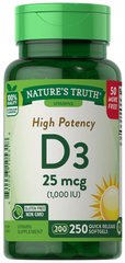 Вітамін D3, Vitamin D3, 25 мкг, Nature's Truth, 250 капсул - фото