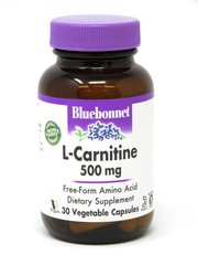 L-Карнитин 500 мг, L-Carnitin, Bluebonnet Nutrition, 30 вегетарианских капсул - фото
