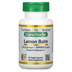 Меліса, Lemon Balm, California Gold Nutrition, EuroHerbs, 500 мг, 60 капсул - фото