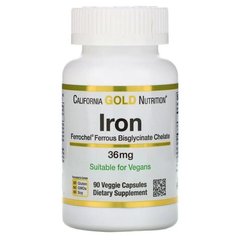 Железо (биглицинат), Ferrochel, California Gold Nutrition, 36 мг, 90 растительных капсул - фото