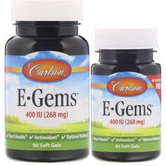 Витамин Е, E-Gems, Natural Vitamin E, Carlson Labs, 400 МЕ, 2 банки, 90 + 44 гелевых капсулы - фото