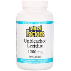 Лецитин, Unbleached Lecithin, Natural Factors, 1200 мг, 180 гелевых капсул - фото