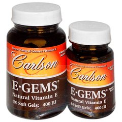 Вітамін Е, E-Gems, Natural Vitamin E, Carlson Labs, 400 МО, 2 банки, 90 + 44 гелевих капсули - фото