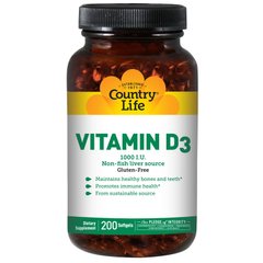 Витамин Д3, Vitamin D-3, Country Life, 1000 МЕ, 200 капсул - фото