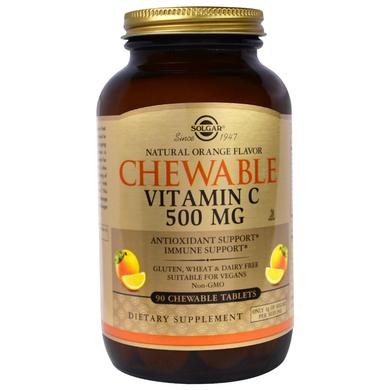 Витамин С жевательный, Chewable Vitamin C, Solgar, апельсин, 500 мг, 90 таблеток - фото
