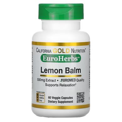 Меліса, Lemon Balm, California Gold Nutrition, EuroHerbs, 500 мг, 60 капсул - фото