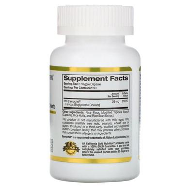 Железо (биглицинат), Ferrochel, California Gold Nutrition, 36 мг, 90 растительных капсул - фото