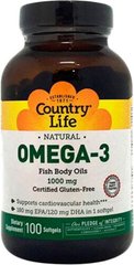 Омега-3, риб'ячий жир, Country Life, 1000 мг, 100 гелевих капсул - фото