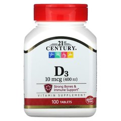 Вітамін Д3, Vitamin D3, 21st Century, 400 МО, 100 таблеток - фото