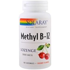 Витамин В-12, метилкобаламин, Methyl B-12, Solaray, вкус вишни, 5000 мкг, 60 леденцов - фото