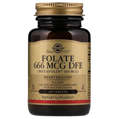 Фолієва кислота, Folate DFE, Solgar, метафолин, 666 мкг, 100 таблеток - фото