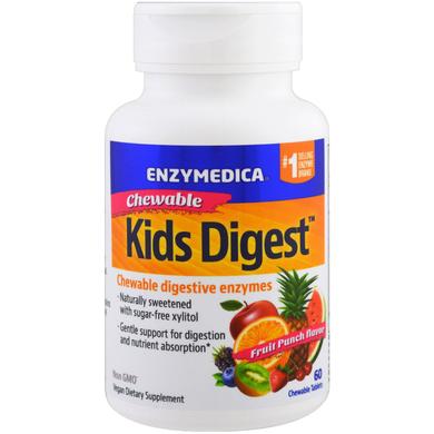 Пищеварительные ферменты для детей, Kids Digest, Chewable Digestive Enzymes, Enzymedica, вкус фруктовый пунш, для веганов, 60 жевателльных таблеток - фото