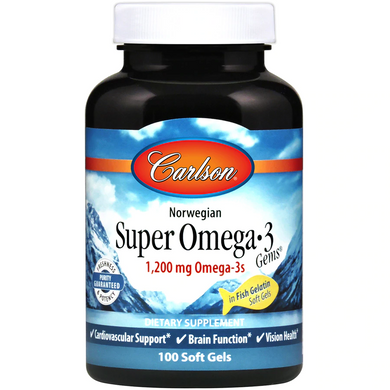 Омега-3 риб'ячий жир, Omega-3 Gems, Fish Gel, Carlson Labs, 1200 мг, 100 капсул - фото