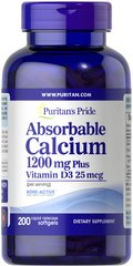 Абсорбируемый кальций с витамином D3, Absorbable Calcium with Vitamin D3, Puritan's Pride, 1200 мг, 1000 МЕ, 200 капсул - фото