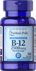 Витамин B-12,Vitamin B-12, Puritan's Pride, сублингвальный, 2500 мкг, 100 микропастилок (PTP-13861) - фото
