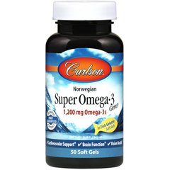 Омега-3, рыбий жир, Omega-3 Gems, Fish Gel, Carlson Labs, 1200 мг, 50 капсул - фото