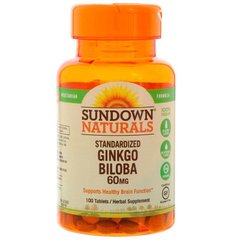 Гинкго билоба, Ginkgo Biloba, Sundown Naturals, экстракт, 60 мг, 100 таблеток - фото